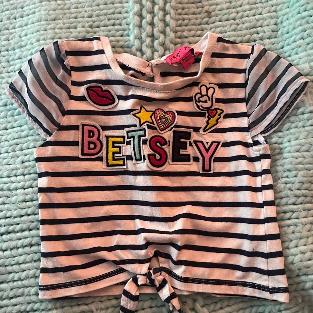 Betsey Johnson Girls Black & White Striped Tee with Colorful Patch Accents